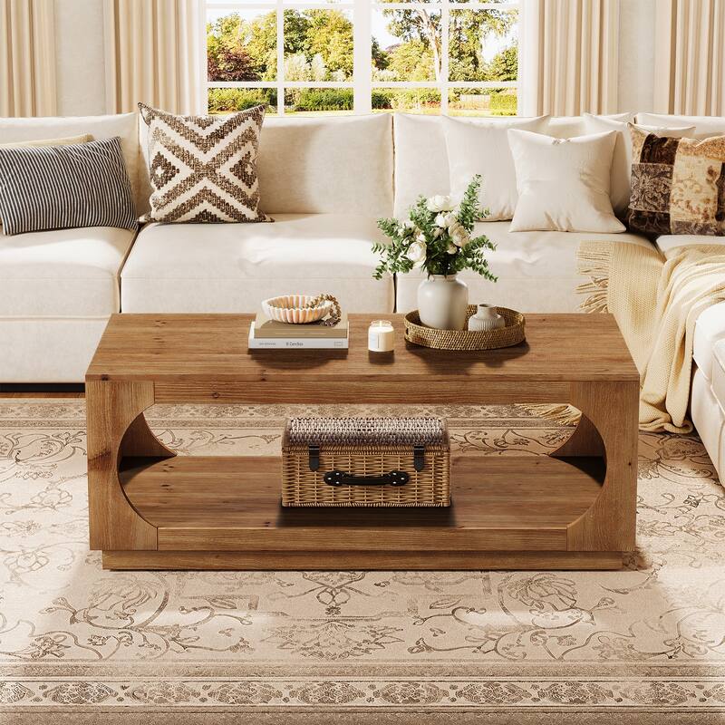 Rectangular Solid Wood Coffee Table with Storage for Living Room