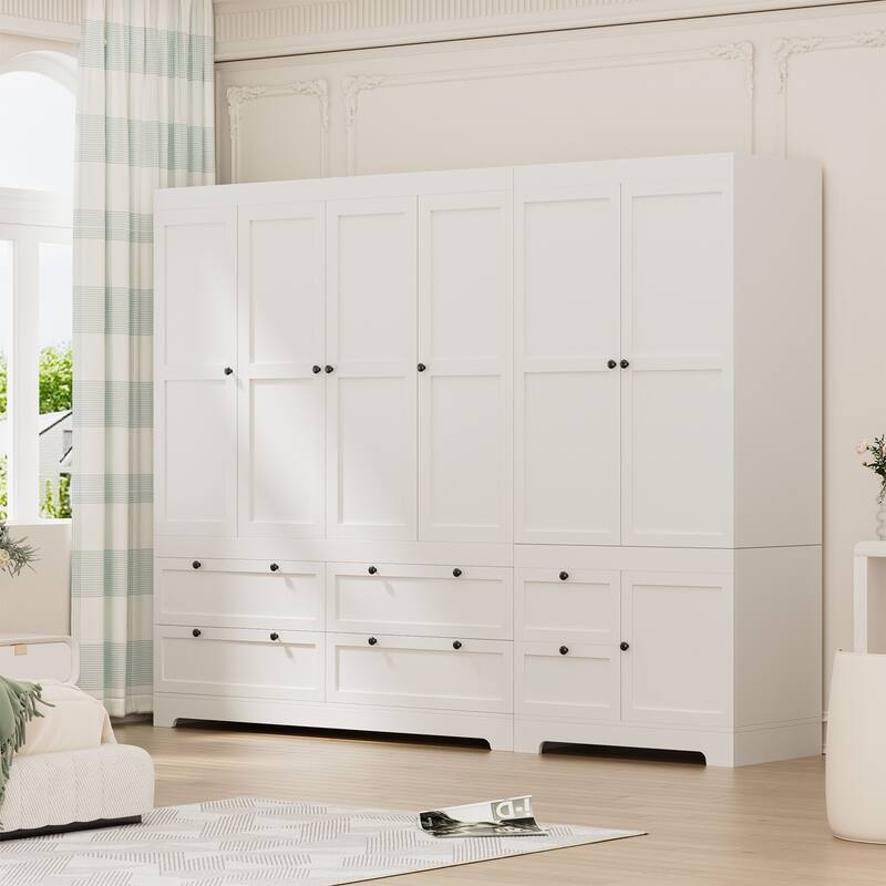 Gyomojoy Large White Wardrobe Closet with Drawers & Doors, Modular Armoire with Hanging Rods, Apartment & Dorm Storage