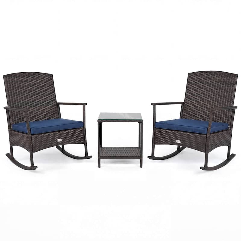 Gymax 3 Piece Patio Rocking Bistro Set 2 Rattan Armchairs w/ 2-Tier - Brown