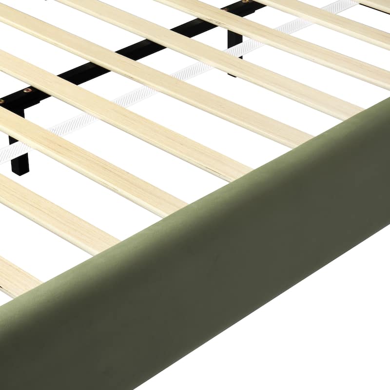 Queen Size Platform Bed with Velvet Fabric, Upholstered Bed with Curve Design Thick Headboard, Olive Green