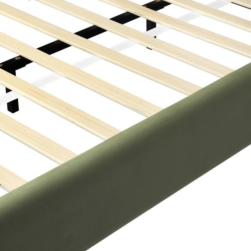 Queen Size Velvet Upholstered Platform Bed with Thick Headboard, Olive Green