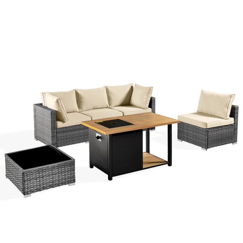 HOOOWOOO 4 Seater Grey Rattan Outdoor Furniture Fire Pit Set