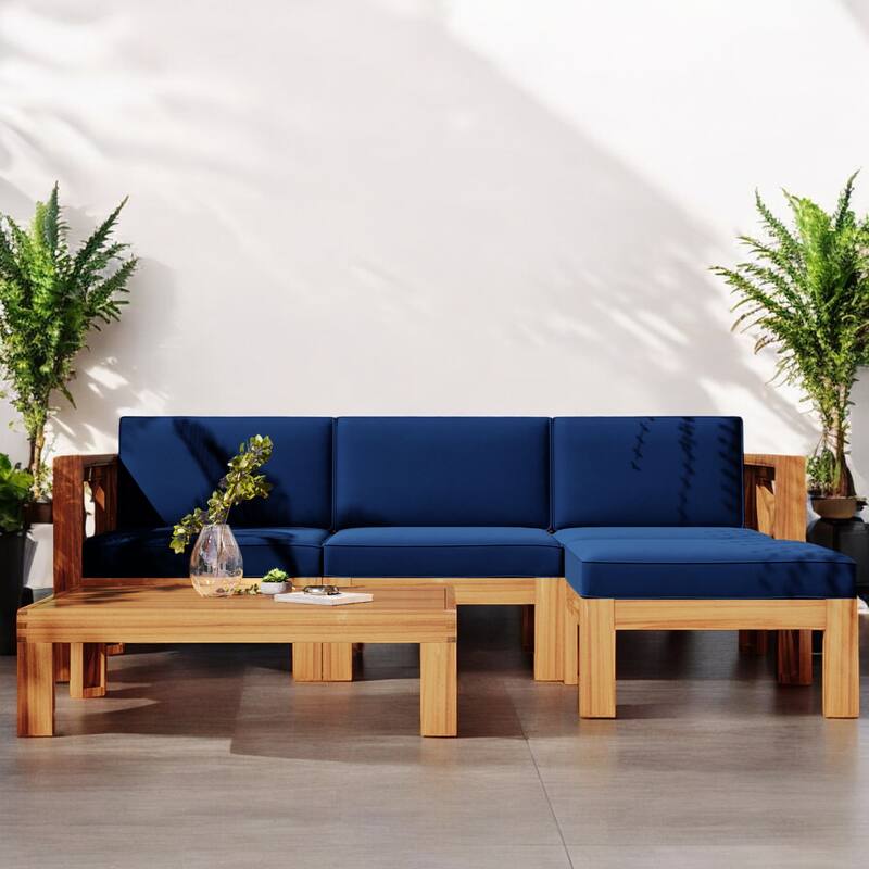 5-Piece Outdoor Sectional Sofa Set with Acacia Wood Frame, Water-Resistant Cushions, and Lockable Panels - Blue