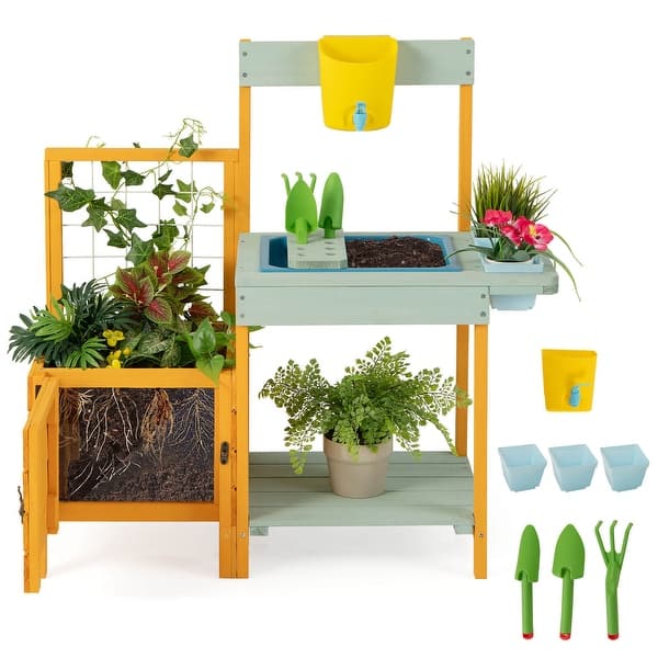 Gymax Wooden Potting Bench for Kids w/ See-Through Window Planter Box ...