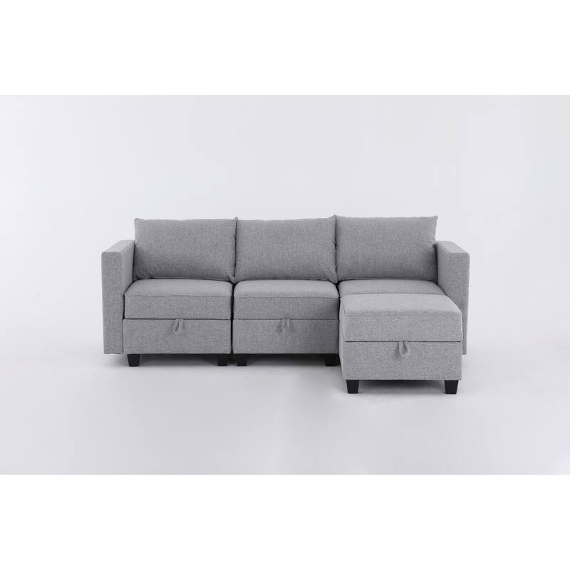 87" Burlap L-Shaped Modular 3-Seater Sofa with Ottoman & Storage