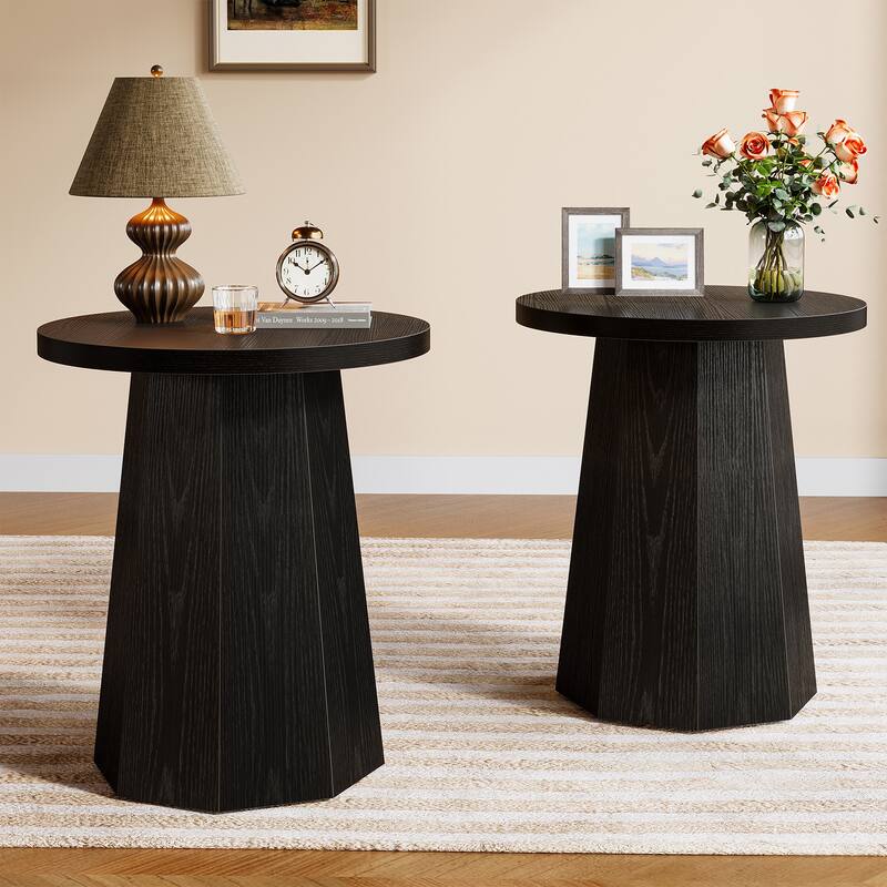 Farmhouse Round End Table, Wooden Couch Side Table with Octagonal Base