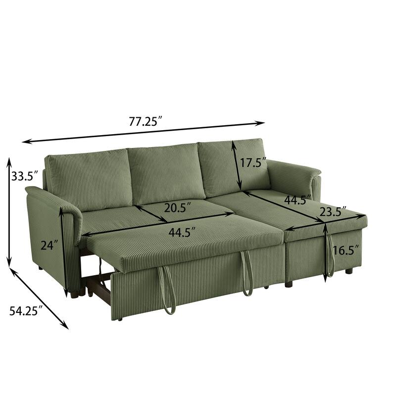Convertible Corduroy Modular Loveseat Pull-Out Sleeper with Storage Chaise and Reclining Backrest for Living Room