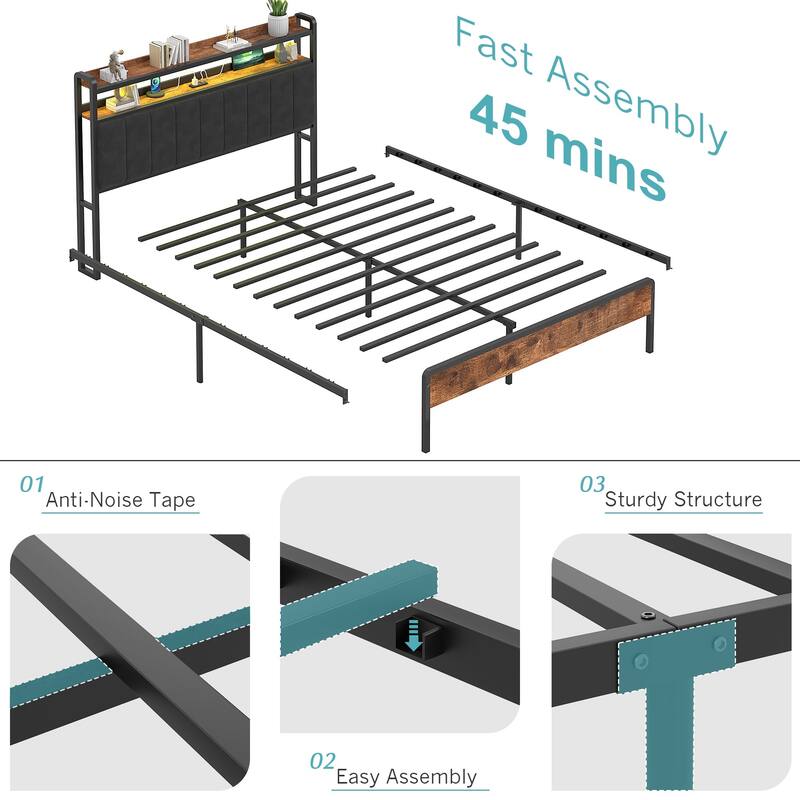 Javlergo Bed Frame with Bench, Bedframes with Charging Staions, Headboard and Storage Bench, LED Lights and Storage Shelves