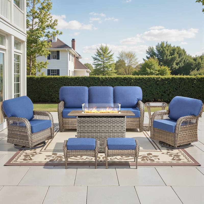 Pocassy Patio Sofa Ottoman Swivel Chair Table with Fire Table Funiture Set. - Gray Wicker Blue Cushion - 7-Piece Sofa Chair Table Ottoman w/ Fie Table