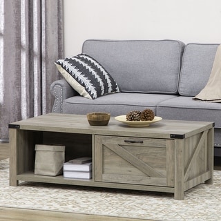HOMCOM Farmhouse Coffee Table with Storage and Drawer, Rustic Coffee Table for Living Room, Open Shelf, Grey Oak