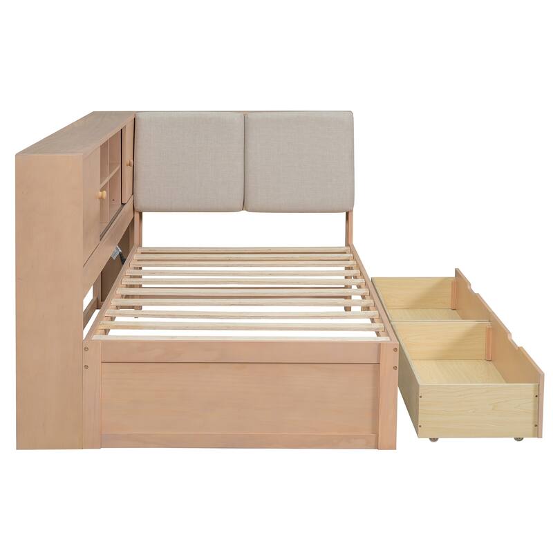L-shaped Daybed Wooden Corner Sofa Bed Frame with Sliding Doors Bookcase Captains Bed, Upholstered Headboard Built-in Storage