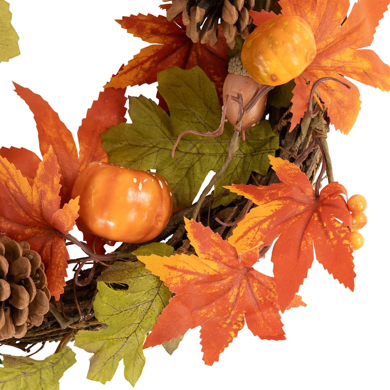 Orange Foliage Pine Cones Pumpkins Autumn Harvest Wreath 10 Inch Unlit