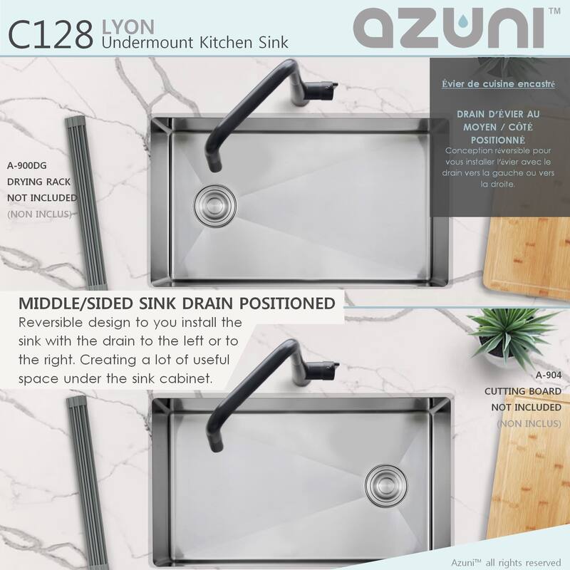 AZUNI 28 inches L x 18 inches W Single Bowl Undermount 16G Reversible Kitchen Sink with Grid and Basket Strainer C128