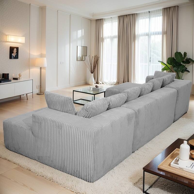 130" 4-Seater Reversible Modular U-Shaped Sofa in Gray Striped Corduroy – Customizable Layout for Living & Bedrooms