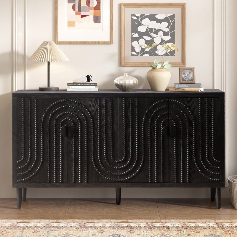 Wooden 59" Storage Sideboard Cabinet with Decorative Nailhead 4-Door for Kitchen Entryway and Living Room - Black