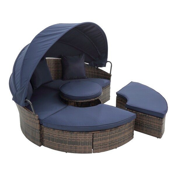 Rattan Round Lounge Chair with Canopy, Outdoor Daybed Wicker