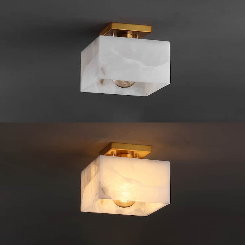 Tessa 8" 1-Light Modern Contemporary Alabaster/Iron Square LED Semi Flush Mount, White Marbling/Brass Gold by JONATHAN Y