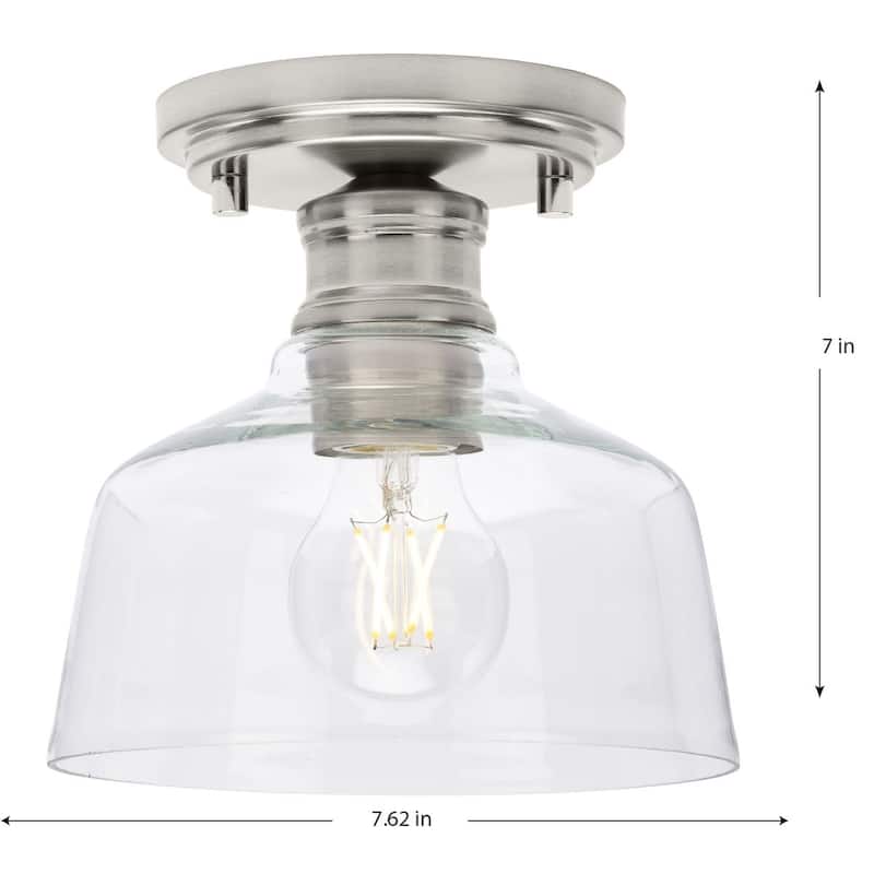 Singleton Collection 1-Light 7.62 in. Brushed Nickel Small Semi-Flush Mount Light with Clear Glass Shade - Medium