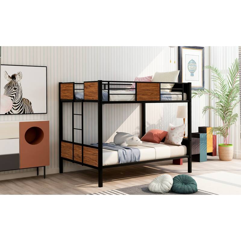 Modern Steel Frame Full-Over-Full Bunk Bed with Safety Rail and Built-in Ladder