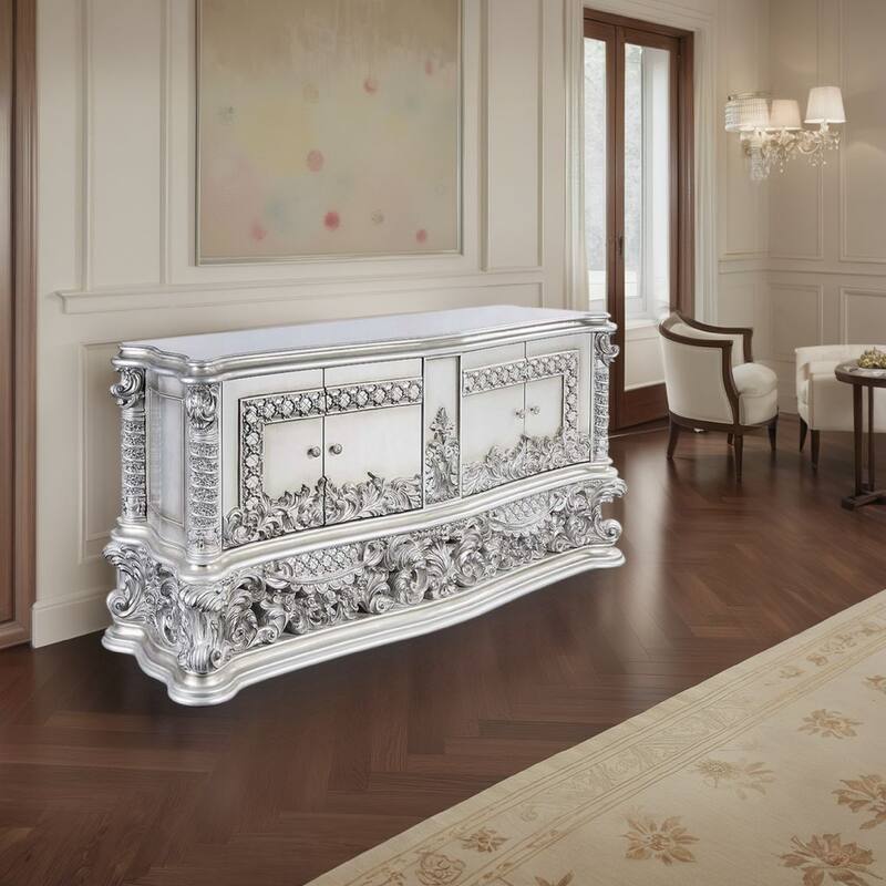 Vera Sideboard Buffet Console, 79 Inch 4 Doors, Platinum Floral Scroll