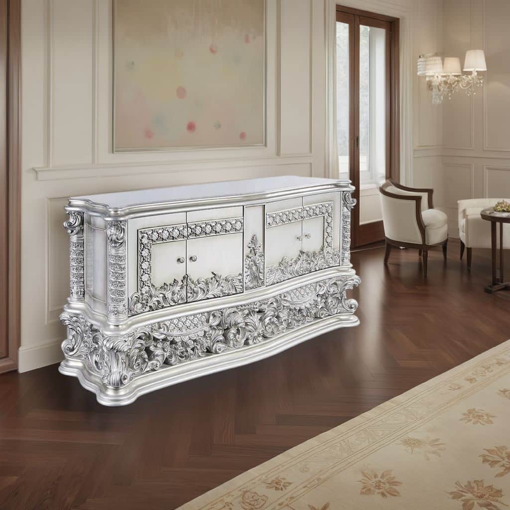 Vera Sideboard Buffet Console, 79 Inch 4 Doors, Platinum Floral Scroll