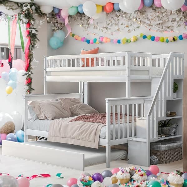 slide 2 of 13, Modern Twin Over Full Bunk Bed With Trundle And Staircase,Storage Space for Bedroom