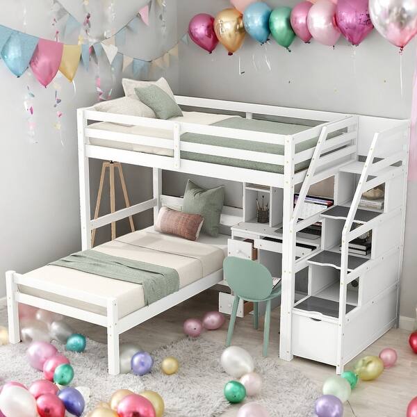 slide 2 of 17, Twin Over Twin Loft Bed With A Stand-alone Bed,Desk,Shelves And Drawers