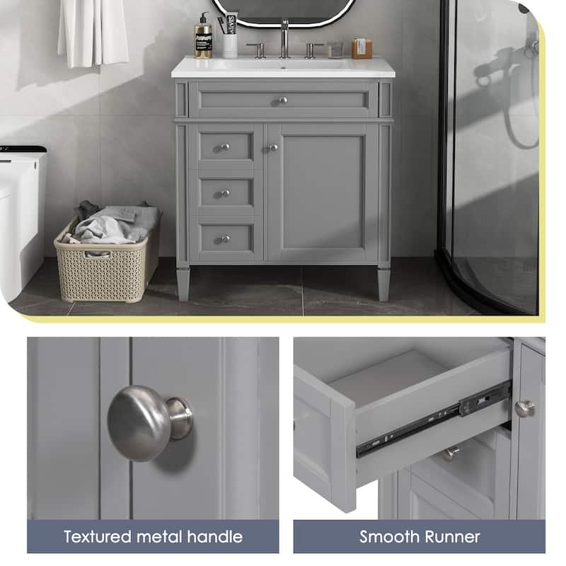 Roomfitters 30" Vanity with Sink, Modern Bathroom Cabinet with 2 Drawers and Tip-out Storage, Sleek Freestanding Design