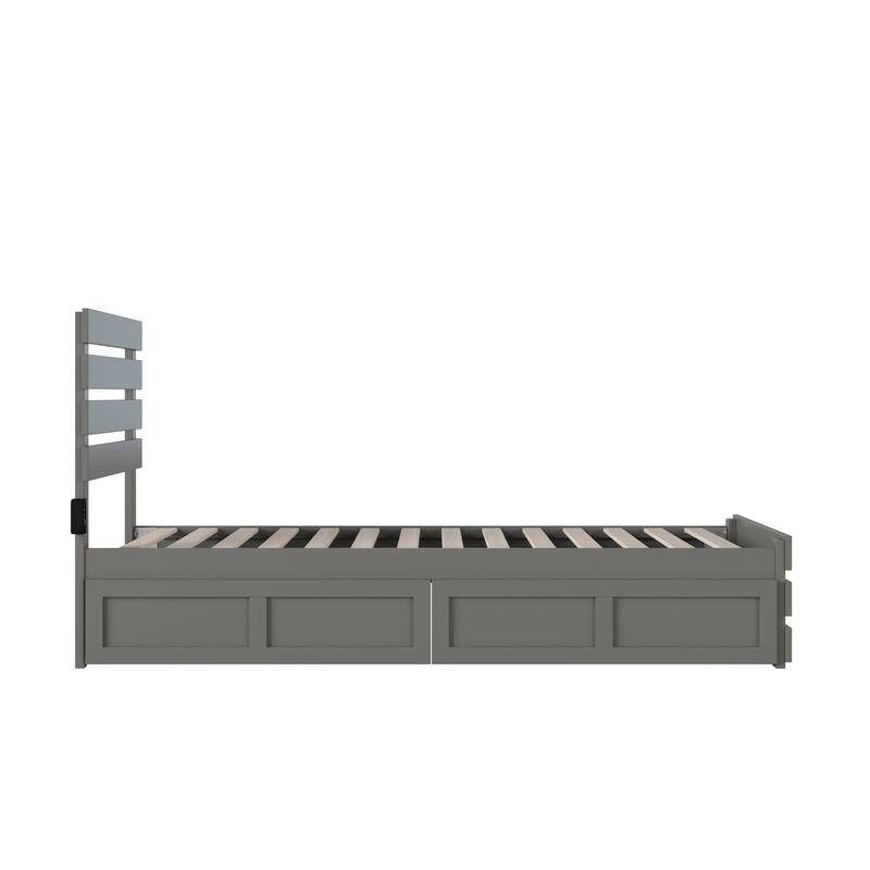 Asian Twin XL Bed with Footboard & USB Charger - Grey Platform Trundle Bed Frame