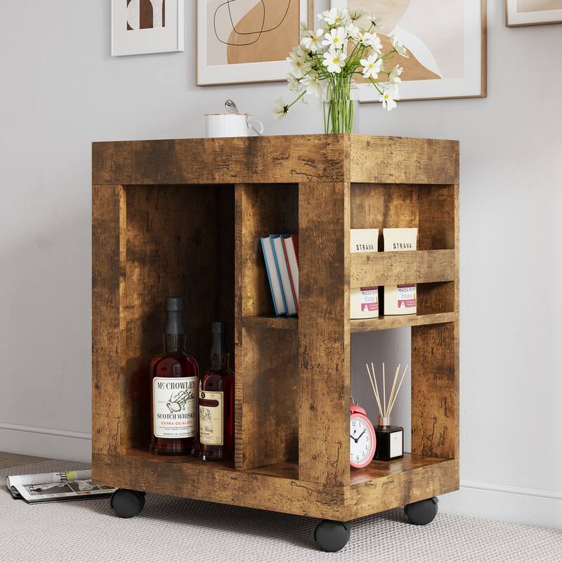 Kitchen Island Rubberwood Table Movable Storage Cabinet with Towel Rack, Multi-Layer Open Storage Locker with Shelves