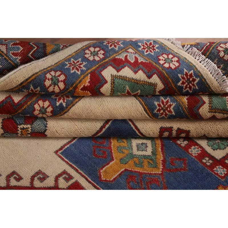 Ivory Geometric Kazak Area Rug Hand-Knotted Wool Carpet - 8'0" x 10'6"