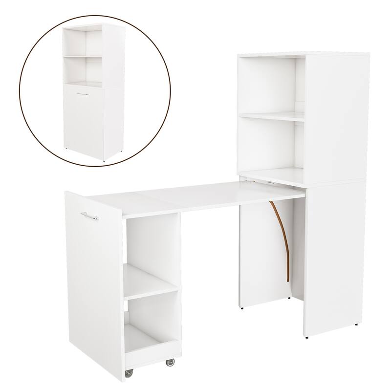Stretchable desk, office desk with storage shelves and mobile wheels, suitable for small apartments and offices