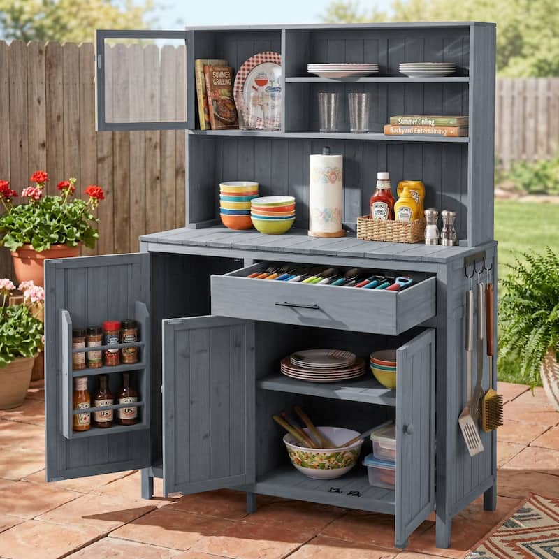 65" Solid Fir Wood Potting Bench with Hutch, Garden Workstation Table with Drawer, Spice Rack & Shelves - Grey