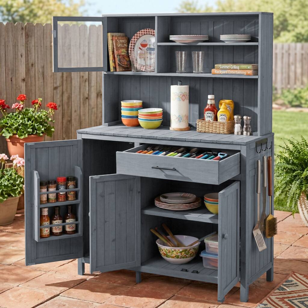 65" Solid Fir Wood Potting Bench with Hutch, Garden Workstation Table with Drawer, Spice Rack & Shelves