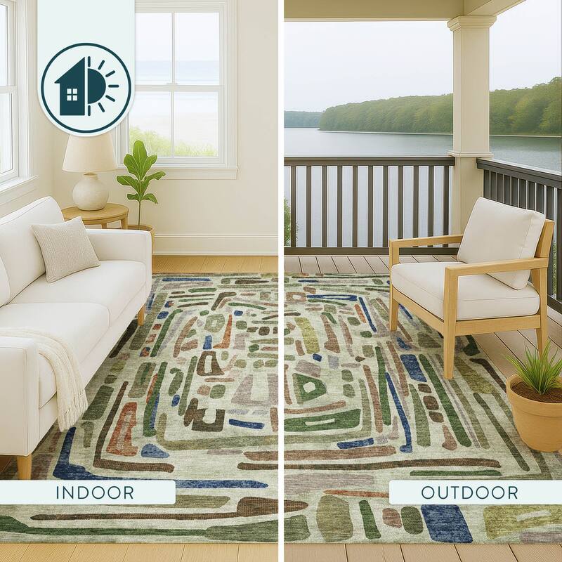 Machine Washable Indoor/ Outdoor Global Geo Chantille Rug