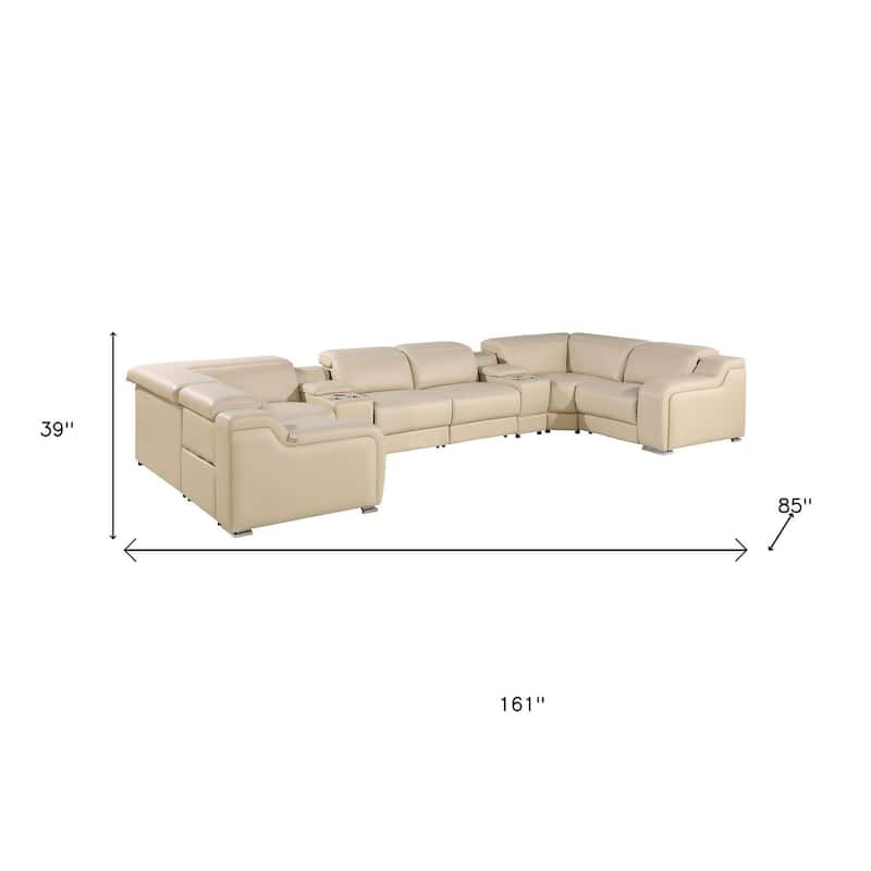 HomeRoots Beige Italian Leather Power Reclining U Shaped Eight Piece Corner Sectional With Console