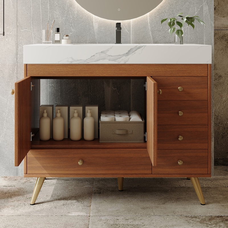 36" Bathroom Vanity with Faux Marble Top & Ceramic Sink, 5-Drawer Storage Cabinet with Stainless Steel Legs