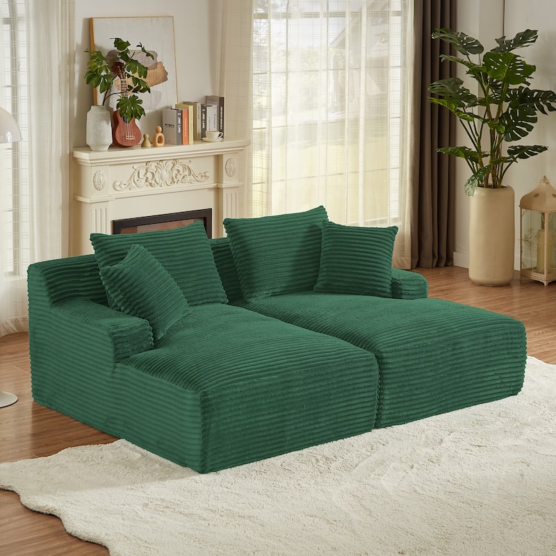 Oversized Corduroy Boneless Double Chaise Lounge, Sectional Deep Seat Cloud Couch, Full-Compressed Loveseat Sleeper Sofa - Green