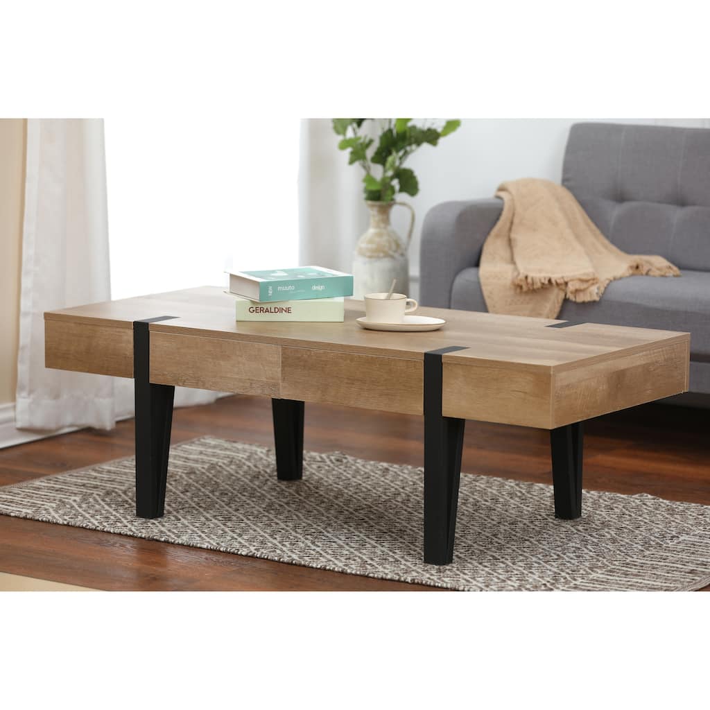 White Oak Wood Finish Coffee Table with Storage - 15.88" H x 47.4" W x 21.69" D