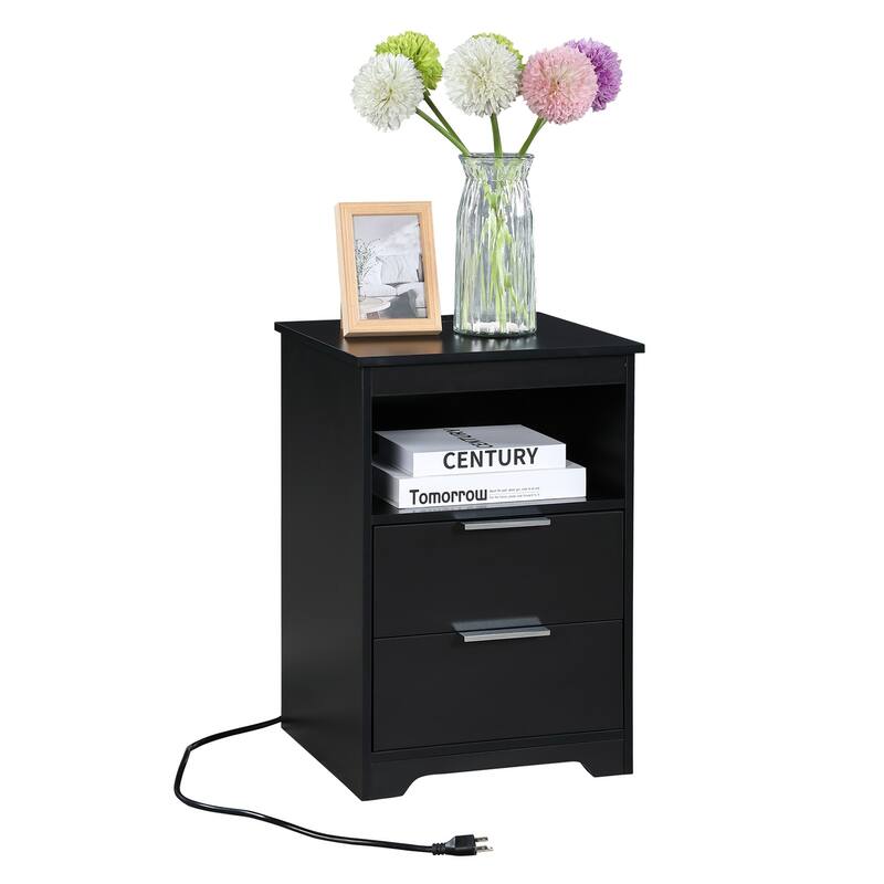 End Table Side Table Nightstand with 2 Drawers, Lamp Table Dressing Table with Open Shelf and Charging Station