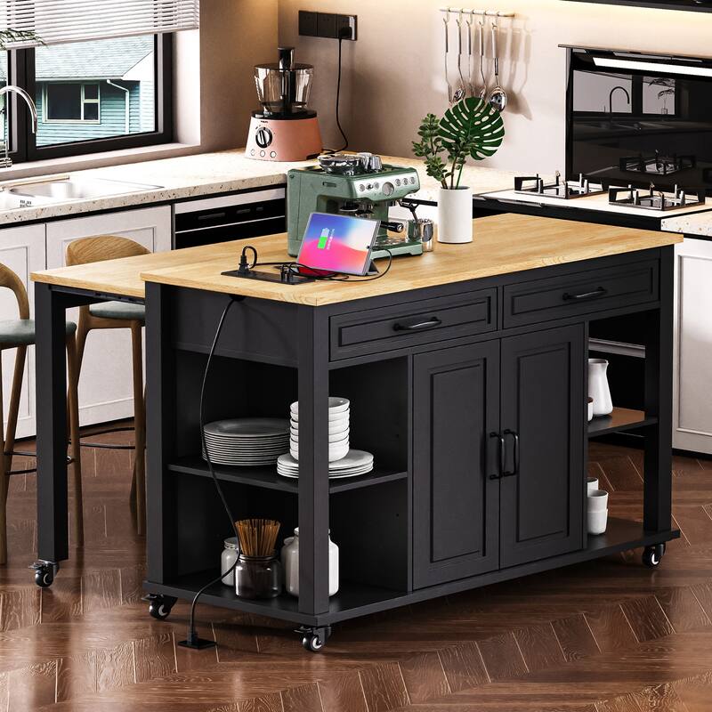 47" Kitchen Island with Extendable Table, Rubber Wood Veneer, Storage & Power - Black