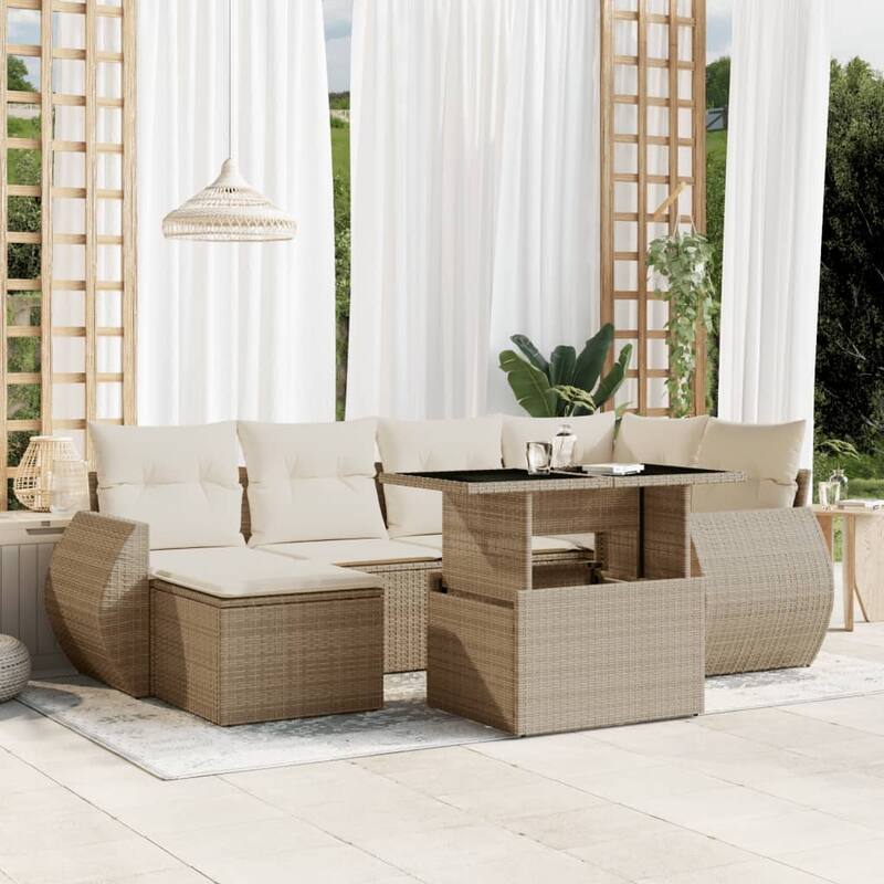 vidaXL Patio Sofa Set with Cushions Outdoor Furniture 7 Piece Poly Rattan - Beige and Cream-without storage - 21.7 x 39.4 x 28.7