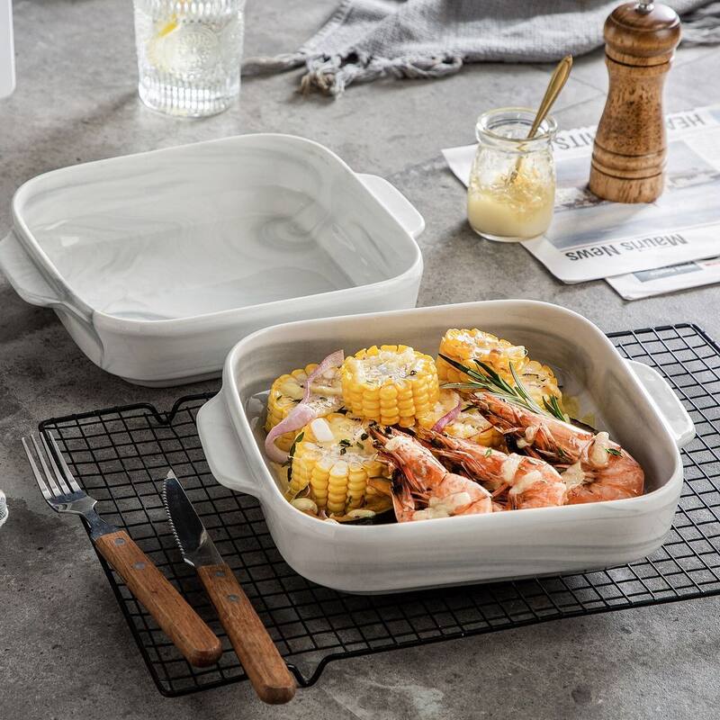 MALACASA Marble Grey Porcelain Baking Pan with Handles