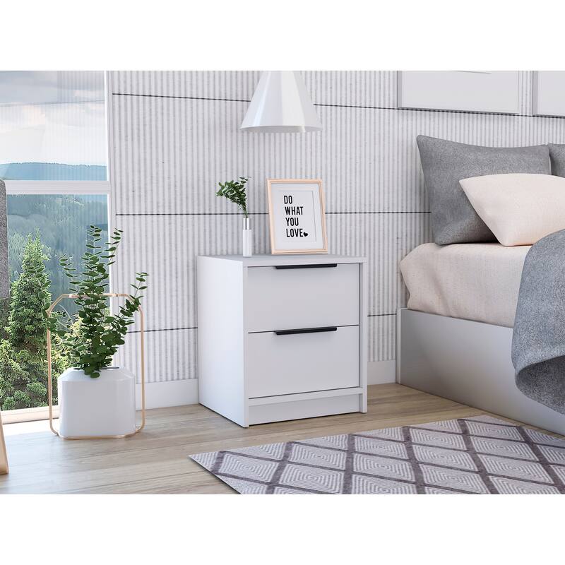 White Nightstand with Two Drawers and Metal Handle - White