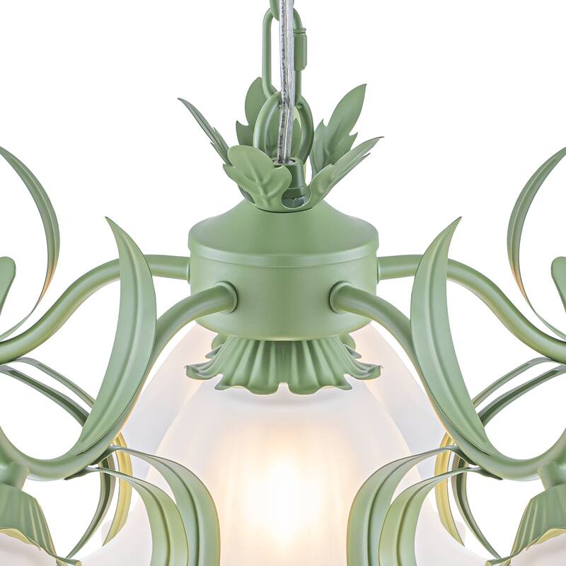 Botanical Green Chandelier with Floral Frosted Glass Shades