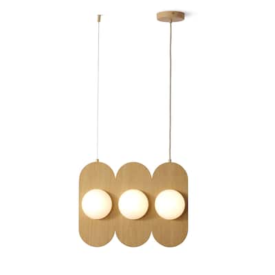 VidaLite Orbita 6-Light Natural Wood, Linear Pendant Integrated LED with Frosted Glass Shade - 14" x 18"