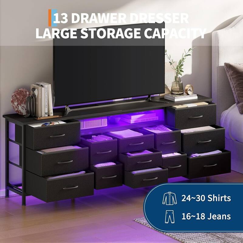 70 Inch Long Dresser TV Stand with 13 Chest of Fabric Drawers, Power Outlets and LED Lights