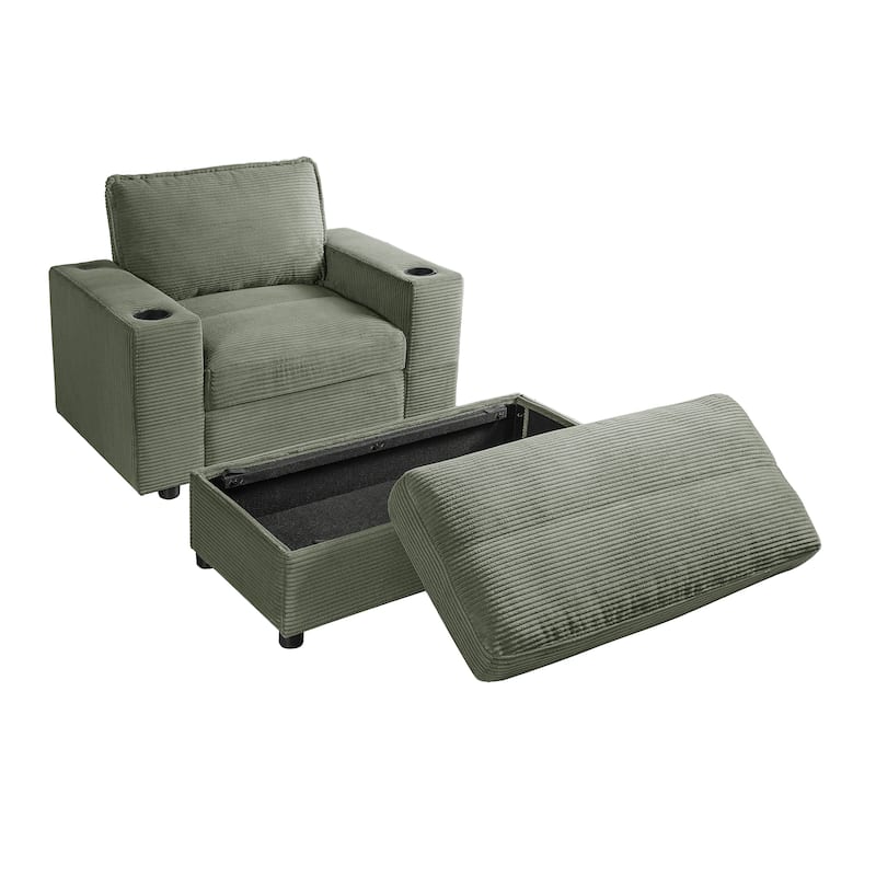 42.8" Oversized Chaise Lounge Chair with Storage Ottoman, Corduroy Sofa Bed with Cup Holders & USB Charging Port