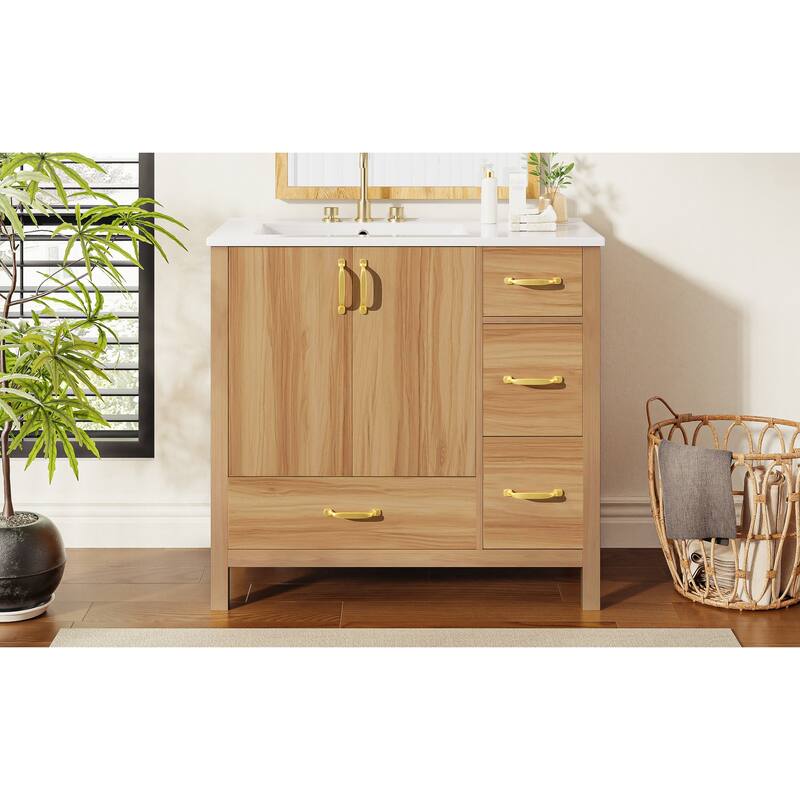 Wood Bathroom Vanity with Sink, Free Standing Single Basin Vanity, Storage Cabinet with 2 Doors & 4 Soft-Closing Drawers