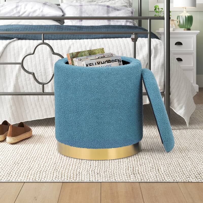 Adeco Velvet Round Storage Stool Gold Plating Base Storage Ottoman
